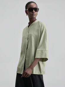 Ontre 2026春夏新款薄荷绿舒适柔软面料宽松七分袖优雅婚礼宾客衬衫，简约浪漫法式时尚奢华都市商务休闲办公装，低调复古高端通勤机场邮轮必备百搭季节性新娘衬衫 - 綠色 - 查看 5