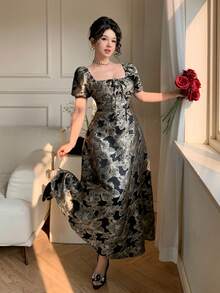 DAZY 女士花卉提花方领花瓣袖优雅中长连衣裙 - 黑色 - 查看 6