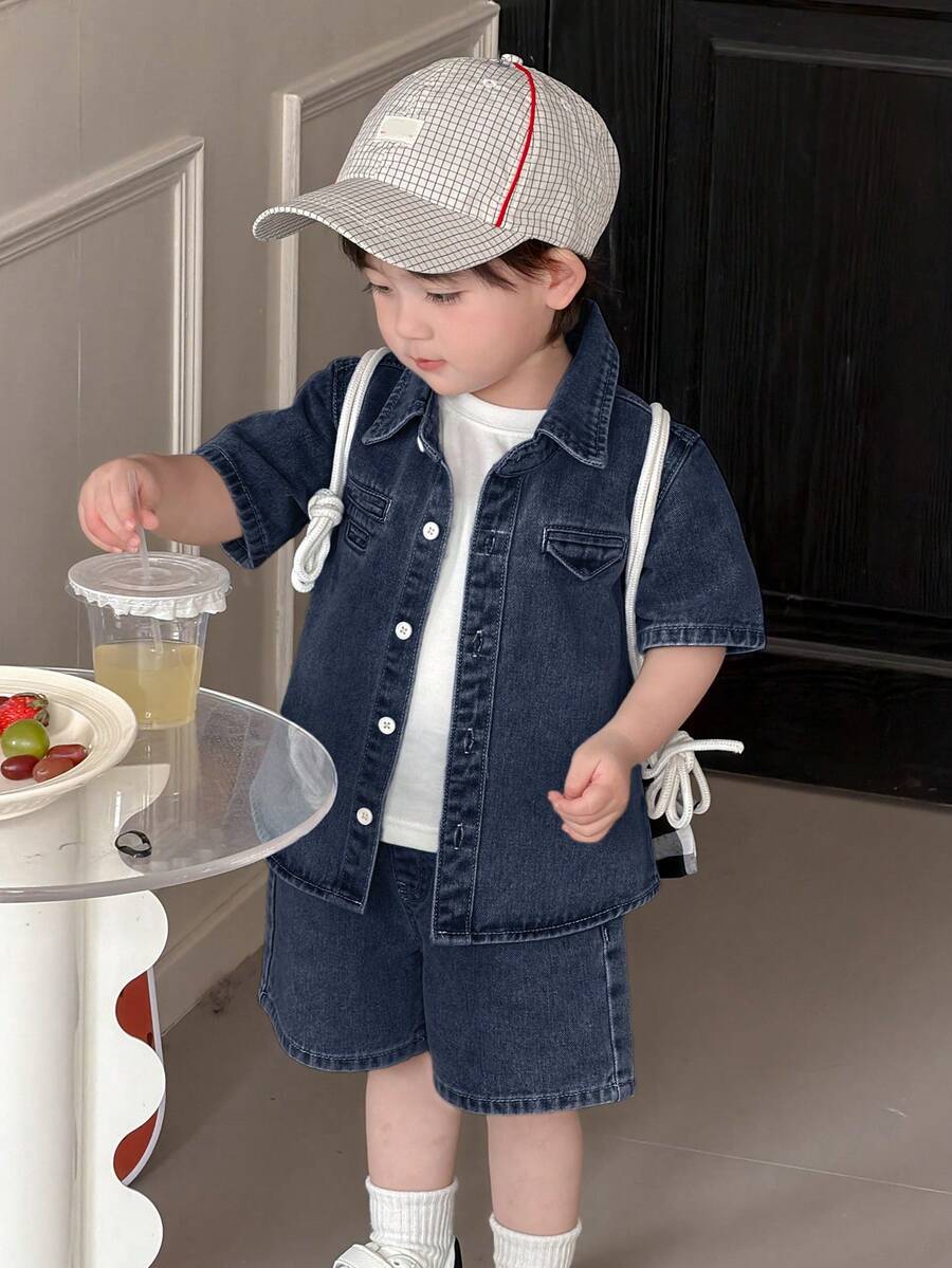 DAZY 2pcs Toddler Boys' Summer Casual Denim Shirt With Collar & Shorts Set - Royal Blue - View 1