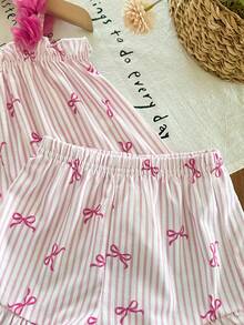 SHEIN 女宝宝度假休闲可爱粉白条纹蝴蝶结吊带背心和短裤套装 - 粉色 - 查看 5