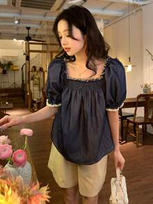 DAZY Women's Loose Petal Sleeve Denim Effect Shirt - Blue - View 10