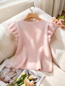 Franclia 浅粉色荷叶边喇叭袖V领时尚简约优雅复古通勤休闲春夏低领短袖修身针织上衣女款浅粉色上衣夏季上衣女款粉色上衣女款针织上衣女款可爱上衣 - 淺粉色 - 查看 2