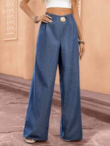Selianne Quần jeans nữ cạp cao, họa tiết hoa 3D bằng kim loại, dáng rộng, thoải mái, ống rộng. - Rửa tối - Xem 6