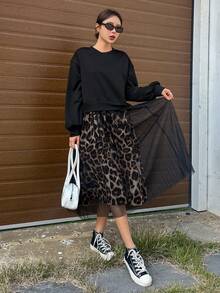 Dazy Tall 高个女式豹纹网纱拼接休闲长裙 - 彩色 - 查看 7