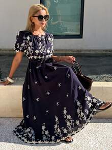DAZY Spring Round Neck Petal Sleeve Waist Embroidered Women's Mid-Length Dress - Navy Blue - View 5