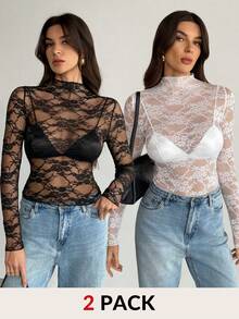SHEIN Tall 2件套女士蕾丝网纱长袖性感上衣 - 彩色 - 查看 4