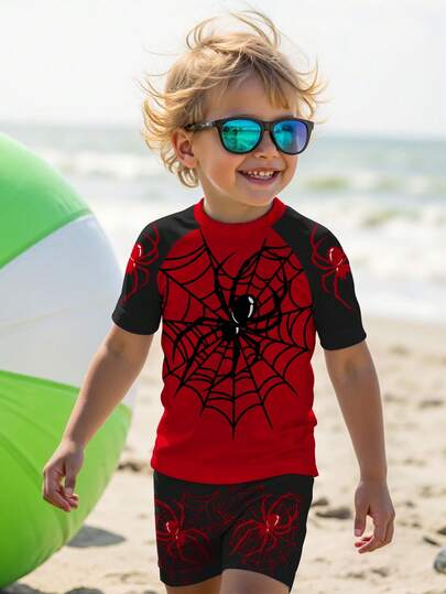 SHEIN Young Boy Casual Loose Round Neck Short Sleeve T-Shirt And Shorts Swimwear Set, Suitable For Summer. Classic Cool Stylish Heart & Spider Web Graphic Print, Suitable For Swimming, Surfing, Beach, Vacation