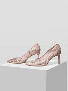 MOTF PREMIUM Giày cao gót nhọn mũi ren xuyên thấu gợi cảm, thời trang cho tiệc tối, tạo không khí sôi động, và mùa đông, cho ngày Valentine, giày mùa xuân, kỳ nghỉ xuân, lễ Phục sinh, dạ hội. - Màu hạnh nhân nhạt - Xem 4