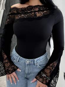Vassilux 1 件女式纯黑色性感优雅不对称蕾丝拼接露肩长喇叭袖紧身衣，适合秋冬季分层穿着，针织保暖性感，适合外出、浪漫约会、派对 - 黑色 - 查看 5