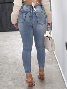 Vassilux Jean skinny stretch taille haute avec boutons décoratifs, effet usé Y2K, doublure thermique, avec poches, denim épais pour automne & hiver, pour femmes de petite taille - Jean clair - Voir 2