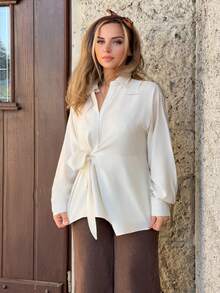 Jeta Ari 女式半开襟侧系带套头衫休闲优雅衬衫长袖上衣 - 白色 - 查看 1