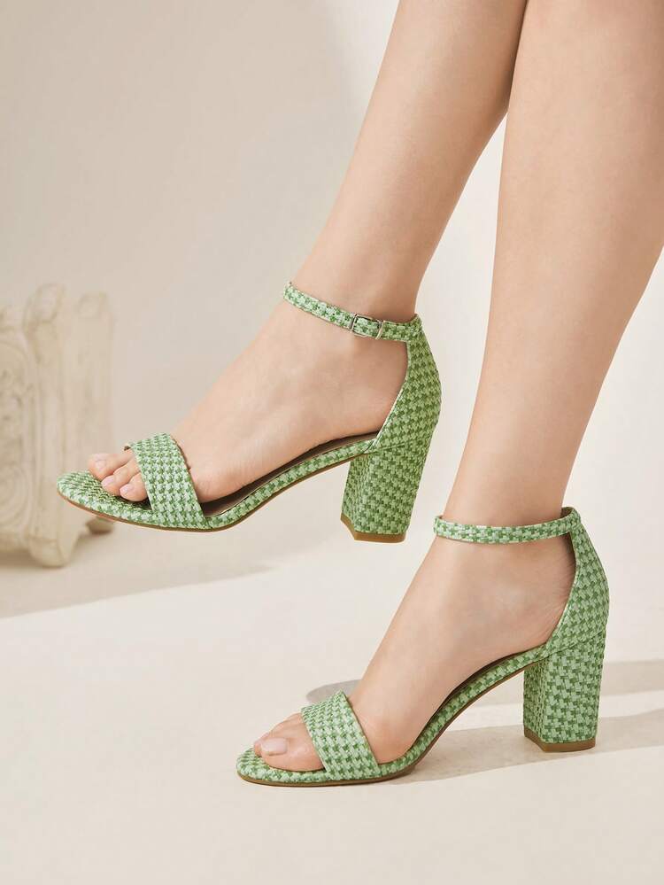CUCCOO CHICEST Women's Shoes, New Spring/Summer Dual-Color Plaid Woven Minimalist Round Toe Chunky Heel Mid-Heel Comfortable Soft Elegant Vacation/Commute Green/Blue PU Leather Ankle Strap Sandals, Suitable For Afternoon Tea, Dates, Elegant Outfits, Beach, St. Patrick's Day Valentine's Day Elegant Shoes Wedding Shoes