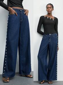 Maija Women's Casual Fashion Street Punk Style Rivet Decor Loose Wide-Leg Jeans - Dark Wash - View 3
