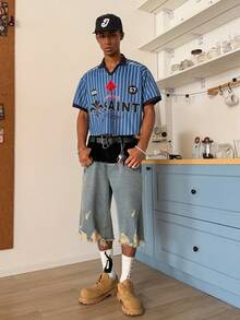 STEELVANCE 男士休闲条纹字母印花短袖Polo衫，夏季 - 藍色 - 查看 4