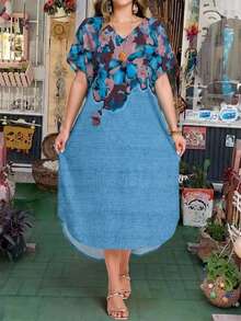 EMERY ROSE Vestido tropical de vacaciones con escote en V y dobladillo fruncido, talla grande, ideal para primavera y verano. - Azul - Ver 3