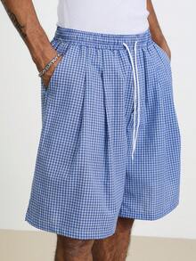 TOKVUE 男士格子松紧腰抽绳宽松休闲夏季蓝白格子短裤 - 藍白色 - 查看 5