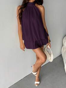 SHEIN Tall 优雅的浅黄色无袖系领迷你连衣裙，适合派对、约会、秋冬季和春夏季穿着。 - 紫色 - 查看 6