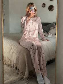 DAZY Set de pijama de 2 piezas con top de manga larga holgado y pantalón recto largo con estampado de corazón, ropa de dormir de primavera para mujer - Rosa - Ver 5