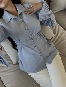 DAZY Women's Casual Textured Plaid Pleated Waist Belt Shirt, Spring/Summer - Blue - View 7