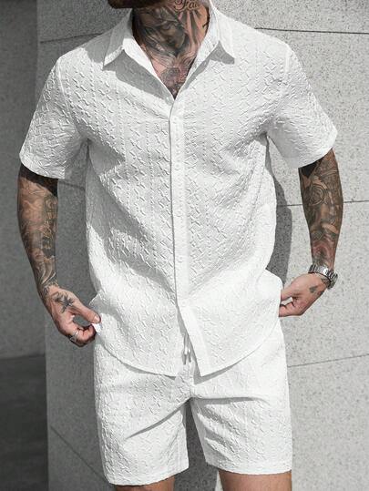 Manfinity CasualCool This Men's Solid Color Button-Down Shirt And Shorts Suit Is Perfect For Spring And Summer. It's Ideal For Beach Vacations, Valentine's Day, Anniversaries, And Other Special Occasions, And Makes A Wonderful Gift For Your Boyfriend Or Husband.Men Old Money,Daily Leisure, Weekend Trips, Outdoor Activities, Travel Expeditions, Relaxed Work Environments Or Semi-Formal Occasions, Boyfriend/Husband Gift, Anniversary /Birthday Gift Party Summer Vacation Holiday,Wedding,Spring To Summer,Easter,Men's White Short Sleeve Button Down Textured Shirt And Shorts Set,Men Shirt And Shorts Set,Mens 2 Piece Outfits White,Men Two Piece Set Summer,Men White Beach Outfit,Men's Resort Wear