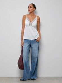 Maija Top de camisola con parches de encaje, adecuado para vacaciones a principios de primavera, vida al aire libre de primavera/verano, top de verano, vacaciones de verano, primavera, top de fiesta, playa para mujeres, top para salir, elegante, top brillante, top blanco, top de encaje para mujer - Blanco - Ver 4