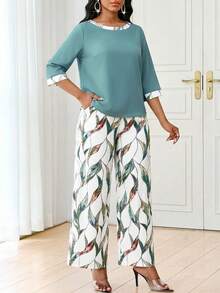 SHEIN Lady 大码女式休闲度假风印花滚边七分袖上衣和阔腿裤两件套，春夏秋季 - 彩色 - 查看 4