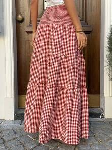 Sunnyshic Women's Elegant Casual Vacation Versatile Daily Wear Fashionable Plaid Fabric Waist Tie Cinched Waist Long Skirt, Spring/Summer - Multicolor - View 2