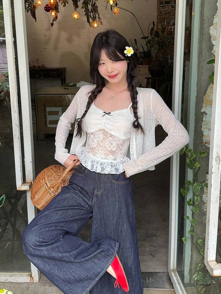 Women's French Lace Trim Korean Style Camisole And Long Sleeve Button-Up Top Set