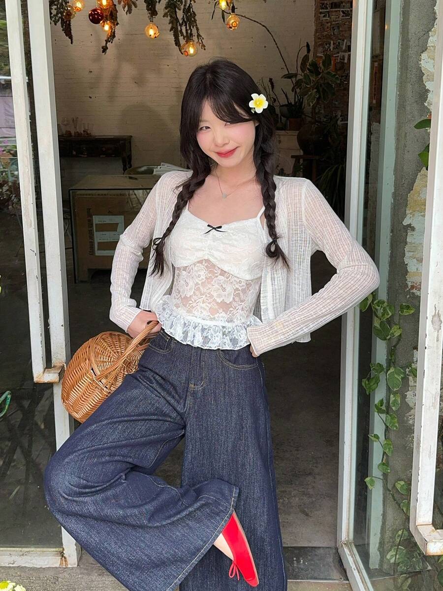 DAZY Bộ áo hai dây và áo dài tay cài cúc kiểu Hàn Quốc viền ren Pháp dành cho nữ. - Màu xanh lam - Xem 1