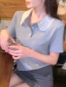 DAZY Women's Pearl Embellished Girly Short Sleeve T-Shirt - Grey - View 5