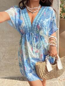 Sunnyshic Women's Casual Vacation Daily Versatile Fashion Paisley Print Batwing Sleeve Chiffon Mini Dress, Summer - Baby Blue - View 4