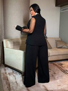 NU&NOW Conjunto de traje de talla grande con parches de malla transparente negra de diseño para ir al trabajo - Negro - Ver 6