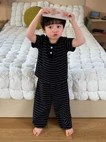 DAZY Ropa de estar en casa cómoda con cuello redondo y rayas para niños pequeños - Negro - Ver 3