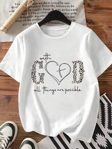 EMERY ROSE Women's Casual Crew-Neck T-Shirt With Heart And Slogan Pattern, Printed With "With God, All Things Are Possible" Women's Design Top, Comfortable To Wear - White - View 1