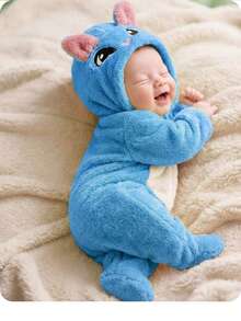 新生儿可爱卡通刺绣3D护耳拉链抓绒连体衣，秋冬季 - 藍色 - 查看 4