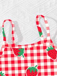 SHEIN Cute Strawberry Pattern, Retro Red & White Plaid, Beach Vacation Style, Young Girls Casual Slim-Fit Camisole & Triangle Bikini Swimsuit Set, Suitable For Summer Chill Vacation, #Coconutgirl - Red and White - View 5