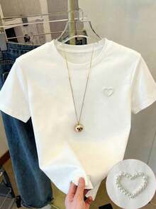 Teen Girls T-Shirts Minimalist Faux Pearl Heart Studded Round Neck Short Sleeve T-Shirt, Summer - White - View 1