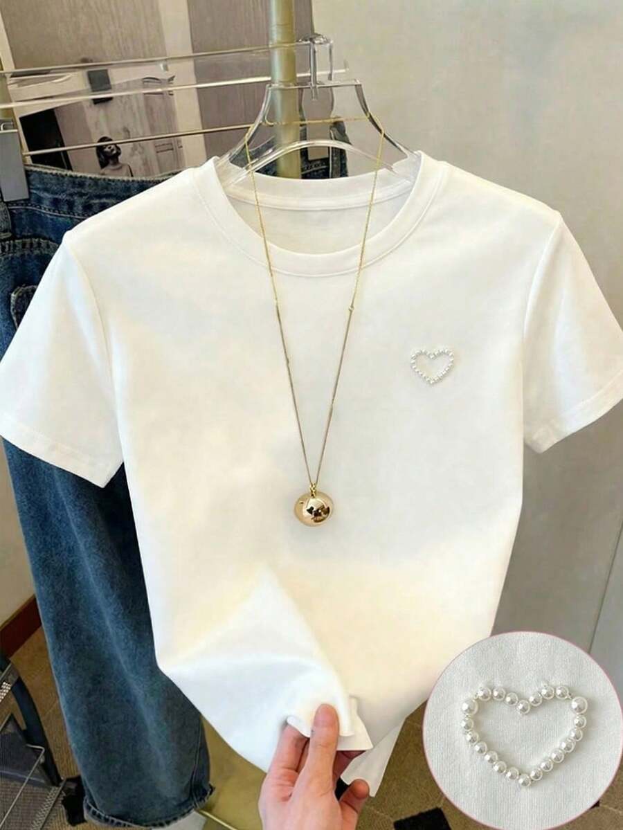 Teen Girls T-Shirts Minimalist Faux Pearl Heart Studded Round Neck Short Sleeve T-Shirt, Summer - White - View 1