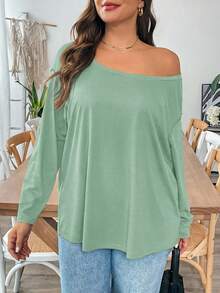SHEIN Essnce 大码女式秋冬休闲舒适宽松长袖T恤上衣，服装，秋季，不对称上衣，女式带袖上衣，秋季，可爱上衣，宽松上衣 - 薄荷綠 - 查看 7