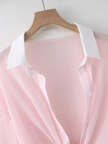 Resyla Áo cardigan tay cánh dơi ngắn, kiểu dáng thường ngày, chất liệu chiffon, màu trơn, dành cho nữ. - Hồng - Xem 4