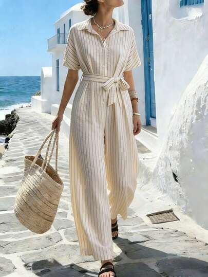 Breezaya Casual Relaxed Collar Short Sleeve Jumpsuit With Self-Fabric Belt And Half-Front Placket Crepe Striped Fabric Spring/Summer Women's Casual Jumpsuit Women's Elegant Jumpsuit Summer Jumpsuit Beach Jumpsuit Going Out Jumpsuit Elegant Jumpsuit