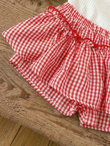 LMoss Kids 女婴夏季休闲度假风领结樱桃印花吊带背心和格纹印花短裙套装 - 彩色 - 查看 5