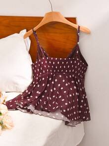 CosyJoli Áo hai dây ren phối họa tiết chấm bi dành cho nữ cỡ lớn - Cà phê nâu - Xem 2