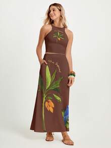 CAJUNI Women's Tropical Print Long Skirt, Casual Summer Holiday, Maxi Skirt - Brown - View 4