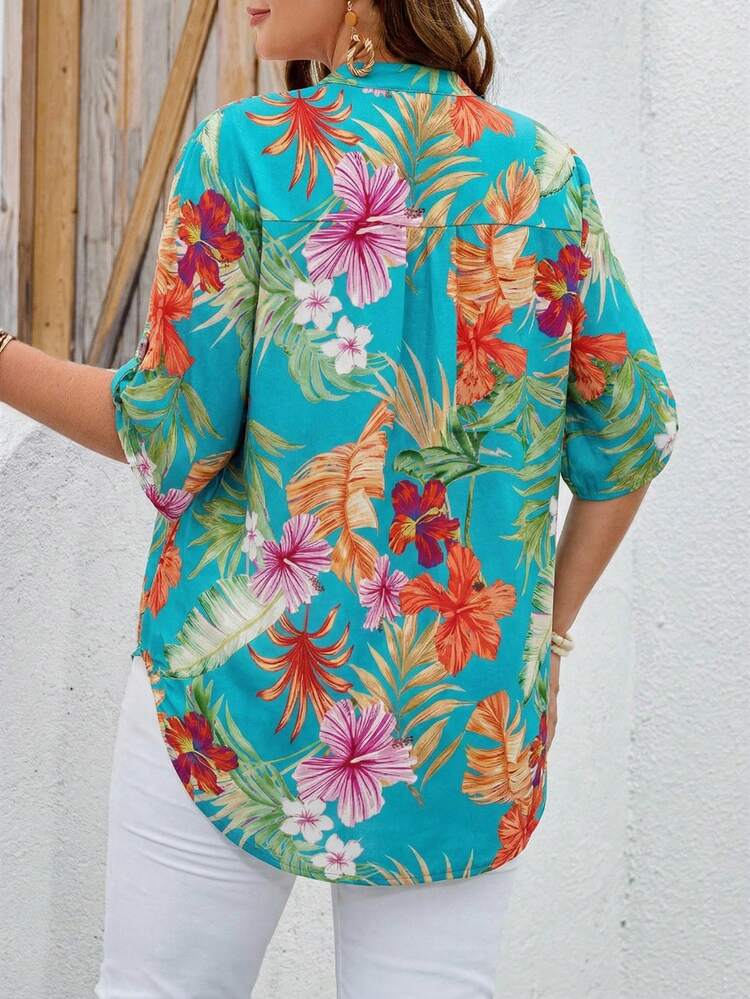 Plus Size Summer Floral Print Notch Neck Roll Sleeve Shirt Women Blouses Summer Tropical Tops Beach Shirts For Women Plus Size Summer Shirt Hawaiian Tops For Women, Summer Tops