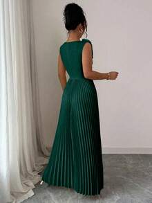 Elenzga Đầm mùa hè cổ chữ V, dáng chữ A thanh lịch kiểu Pháp với chi tiết xếp ly, màu xanh ô liu. - Màu xanh lá cây đậm - Xem 2