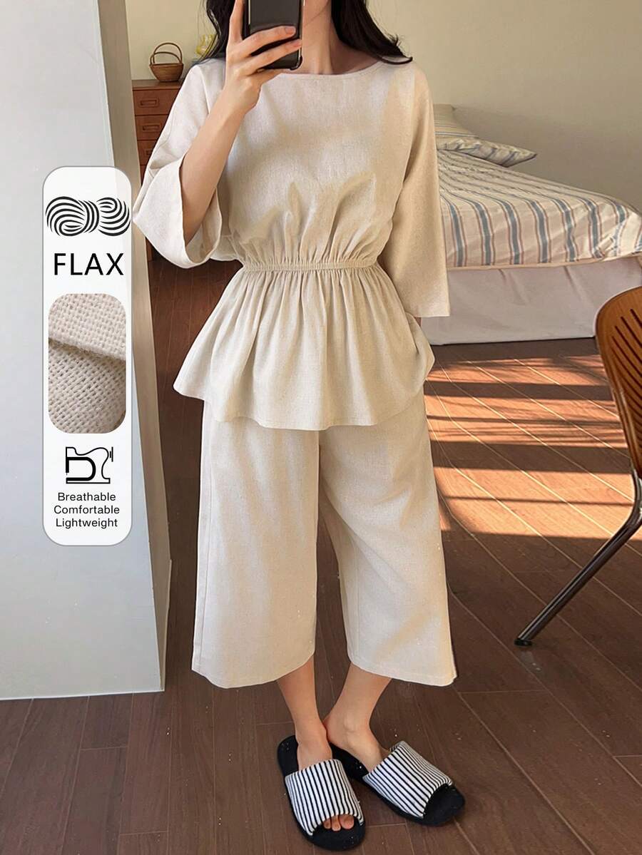 DAZY 女士简约亚麻束腰家居服套装 - 米色 - 查看 1