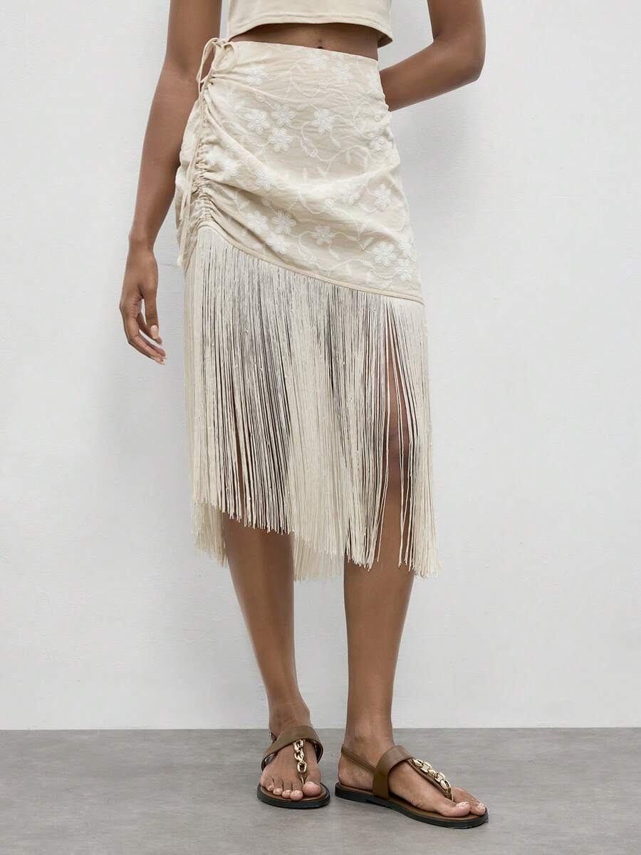 Maija Apricot Women's Skirt With Embroidered Floral Design And Fringe Hem, Elegant - Apricot - View 1