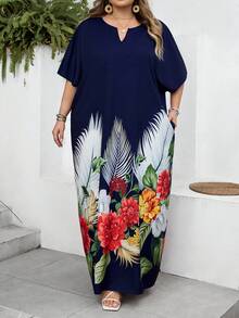 SHEIN CURVE+ Váy Kaftan dệt màu xanh hải quân thanh lịch, cỡ US22, thích hợp cho lễ hội âm nhạc, kỳ nghỉ bên bờ biển, phong cách Bohemia, mùa xuân hè và thu đông. - Màu xanh hải quân - Xem 8