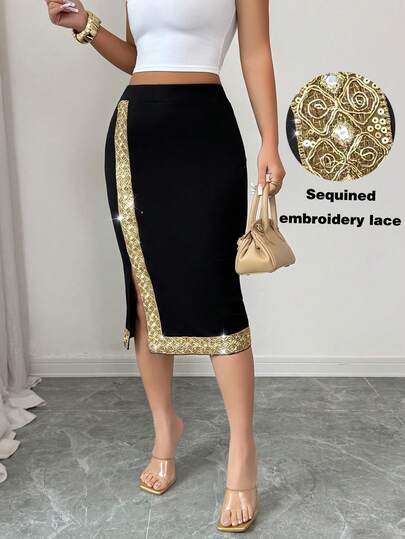 SHEIN Elenzya Elegant Romantic Vacation & Commute Solid Color Slit Midi Skirt